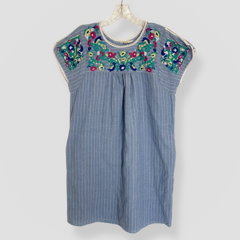 Entro Size Medium Striped Mini Mexican Dress With Floral Embroidered Accents
